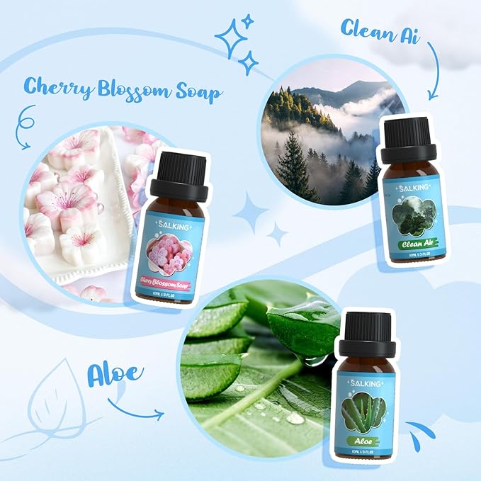SALKING Clean Fragrance Oils Set, Premium Essential Oil for Diffuser, Scented Oil Gift Set for Soap Candle Making - Lemongrass, Fresh Cotton, Fresh Linen, Cherry Blossom Soap, Clean Air, Aloe - Bloomnest