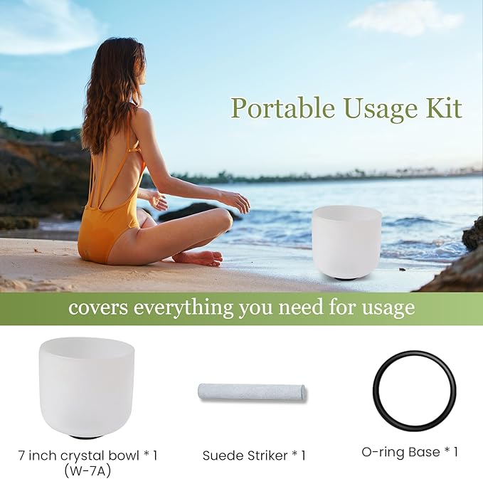 432HZ 7 Inchs Frosted Crystal Singing Bowl Set for Meditation Healing Yoga Chakra Quartz Crystal Sound Bowls with Heavy Duty Carry Case and Rubber Mallet,Suede Striker,O-rings - Bloomnest
