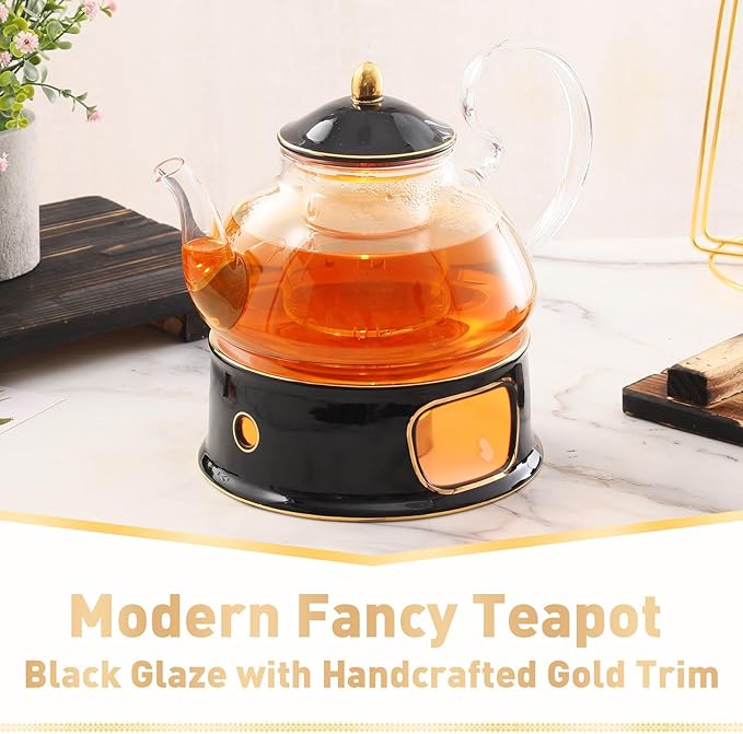 DUJUST Blooming Tea Pot Set, Luxury British Design with Relief Decor & Gold Trims, Hand-Crafted Clear Teapot with Warmer, 40oz Glass Teapot with Infuser, Stove-Safe Tea Party Gift & Home - Black - Bloomnest