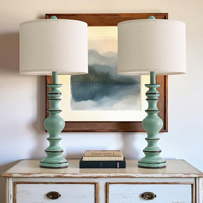 BOBOMOMO 27" Distressed Teal Table Lamps Set of 2, Large Coastal Farmhouse Resin Lamps with Linen Shades, Blue Green Lamps for Living Room, Bedroom, or Console Table Home Décor - Bloomnest