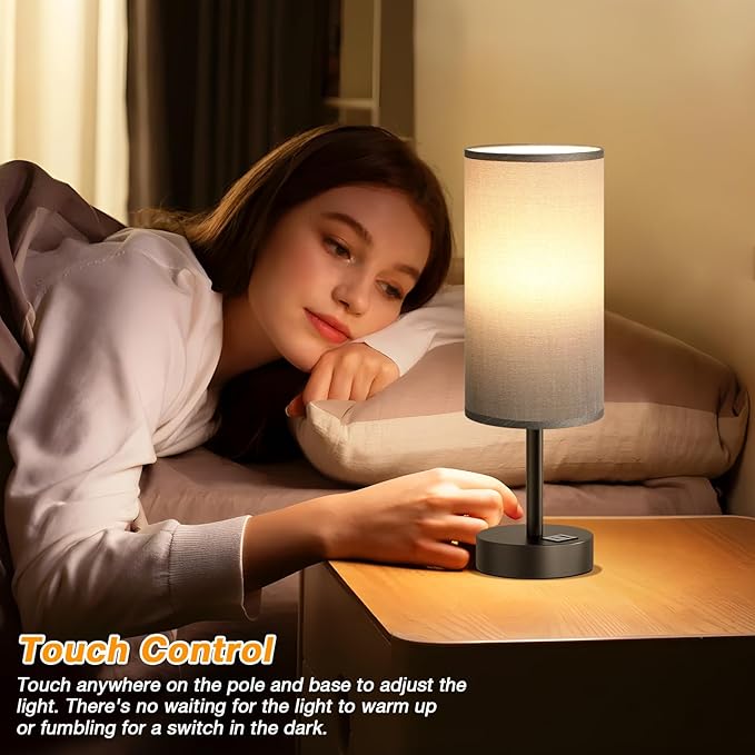 Small Touch Bedside Lamp with USB - 3 Way Dimmable Grey Table Lamp for Bedroom, Nightstand Lamp with Charging Station for Desk Dorm, Office - Bloomnest