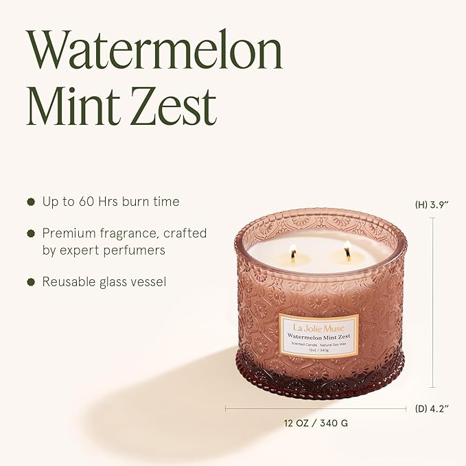 LA JOLIE MUSE Watermelon Mint Zest Candle - Eucalyptus, Sage, Lavender | 12 oz Large 2-Wick Soy Wax Candle | 60 Hours Clean Burn | Gift-Ready for Hosts & Gatherings | Elegant Home Décor - Bloomnest