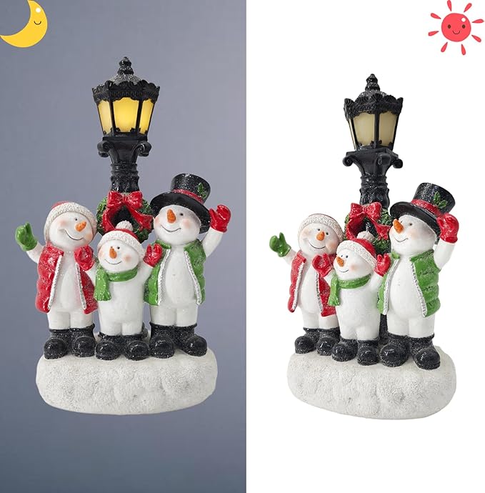 Snowman Family with Lighted Lamp Post - Set of 3 Snowman Figurines and LED Lighted Streetlamp - Christmas Village Decor for Mantel, Holiday Display - Bloomnest