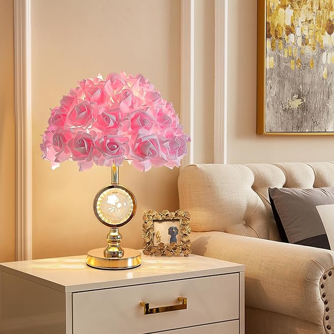 Pink Rose Flower Lamp Princess Bedside Lamp Modern Gold Table Lamp Nightstand Flower Light Cute Desk Lamp for Teen Girl Romantic Bedroom Wedding Deco Valentines Mother's Day Living Room - Bloomnest