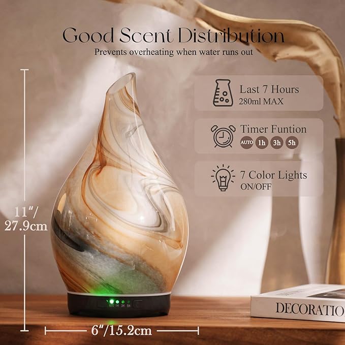 Porseme 280ml Essential Oil Diffuser Glass Color Changing Aroma Air Diffusers Aromatherapy Ultrasonic Cool Mist Humidifier 7 Running Hours Waterless Auto-Off for Sleeping, Yoga, Spa (Jupiter) - Bloomnest