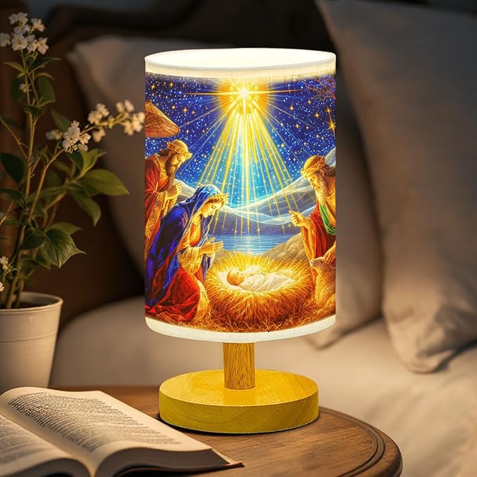Nativity Scene Table Lamp LED 3-Color Pressed Bedside for Merry Christmas, Nativity Scene Shade Christmas Table Lamp with Wood Base for Bedroom Living Room Desk Office - Bloomnest