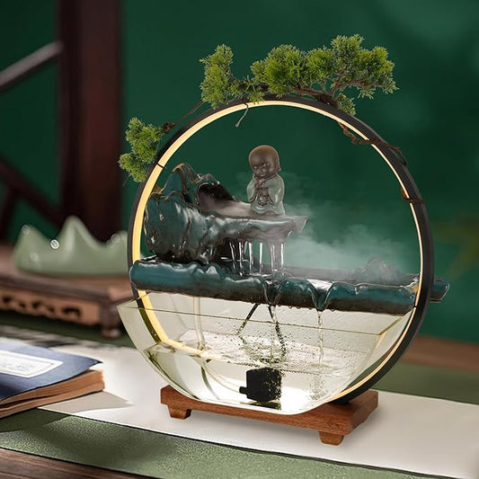 Backflow Incense Holder with Water Fountains and LED Light Indoor Water Fountains Tabletop Waterfall Fountains Desk Fountain for Feng Shui Wealth Boom with Mist for Home Office Bedroom (A) - Bloomnest