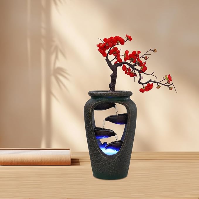 Decorative Indoor Tabletop Fountain, 15.7in Tabletop Wateall Vase Fountains with Simulation Tree Flowers for Living Room, Bedroom, Dining Room (Plum Blossom -B) - Bloomnest