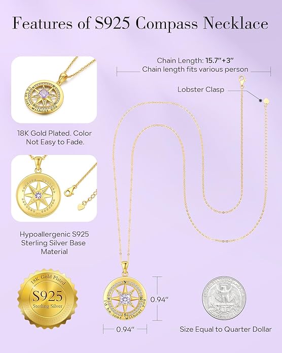 S925 Necklace Gift for Wife |Compass Jewelry |Women Anniversary |Sterling Silver |Girlfriend Birthday Gifts for Her Valentines |I'd be Lost without You |Jewel 18K Gold - Bloomnest
