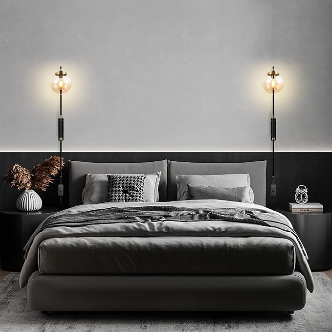 ELEHINSER Black Wall Sconces Set of 2 with Globe Shade, Modern Indoor Plug in Wall Lamps with Switch, Angle Adjustable Light for Bedroom Living Room Study Hallway Bedside - Bloomnest