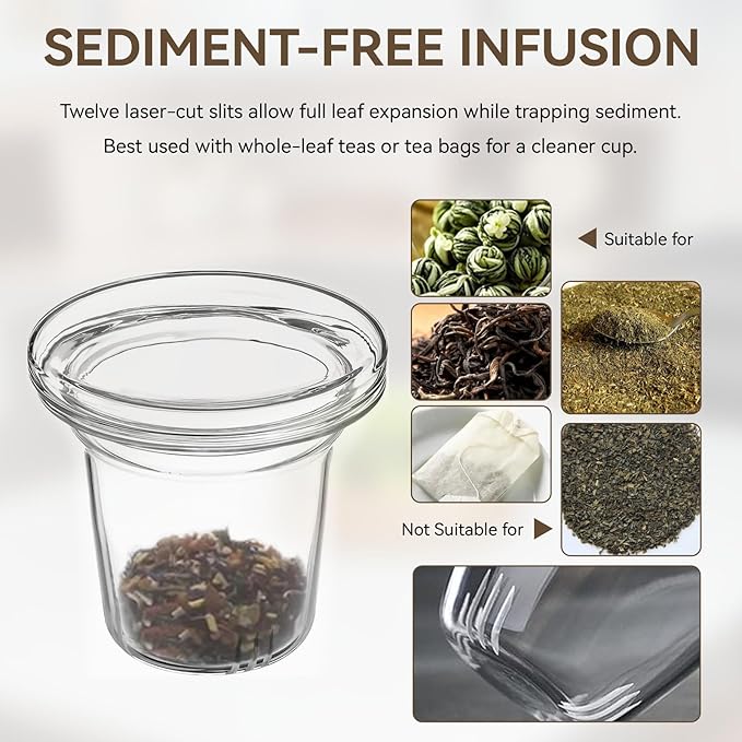 Universal Glass Tea Infuser for Teabloom, Loose Leaf Tea Strainer with Lid/Coaster for Cups, Teapots, Mugs, Travel Tumblers, Tea Steeper Glass for Loose Tea, Filter Diffuser Microwave Stovetop Safe - Bloomnest