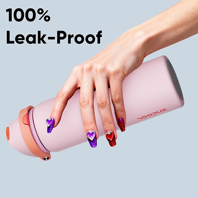 Insulated Water Bottle with Straw - Encool Stainless Steel Water Bottle with Push Button Lid, Leak-Proof & BPA-Free, Keeps Cold for 24 Hours for Sports, Travel, Gym (32 oz, Lily-Red) ENCOOL