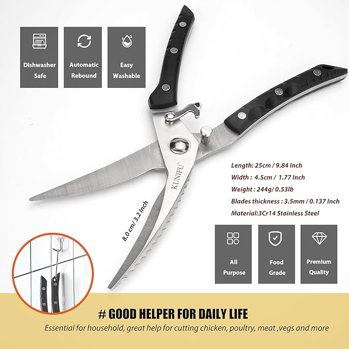 KUNIFU Poultry Shears, All Purpose Heavy Duty Kitchen Scissors For Food Turkey Meat Chicken Herbs, Cooking Scissors Utensils, Kitchen Gadgets Black - Bloomnest