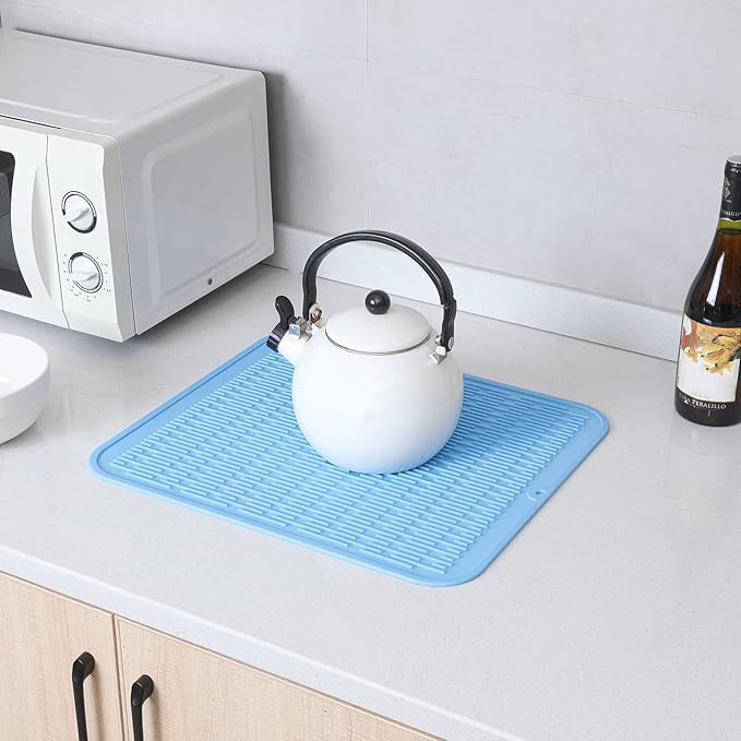Silicone Dish Drying Mat for Multiple Usage,Easy clean,Eco-friendly,Heat-resistant Silicone Mat for Kitchen Counter or Sink,Refrigerator or Drawer Liner Light Blue 2XL 24 inches x 18 inches - Bloomnest