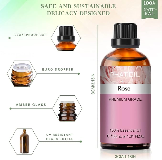 Rose Essential Oil, 1.01Fl.Oz (30ML) PHATOIL Pure Essential Oil Singles for Aromatherapy Diffusers, Humidifiers, Great for DIY Candle and Soap Making, Gift for Friend PHATOIL