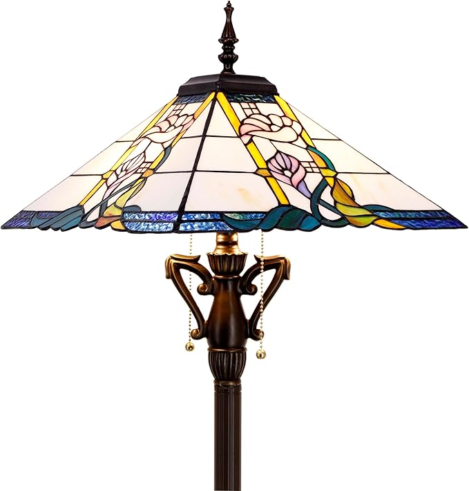 Tiffany Floor Lamp Pink Flower Mission Style Stained Glass Standing Reading Light 16X16X64 Inch - Bloomnest