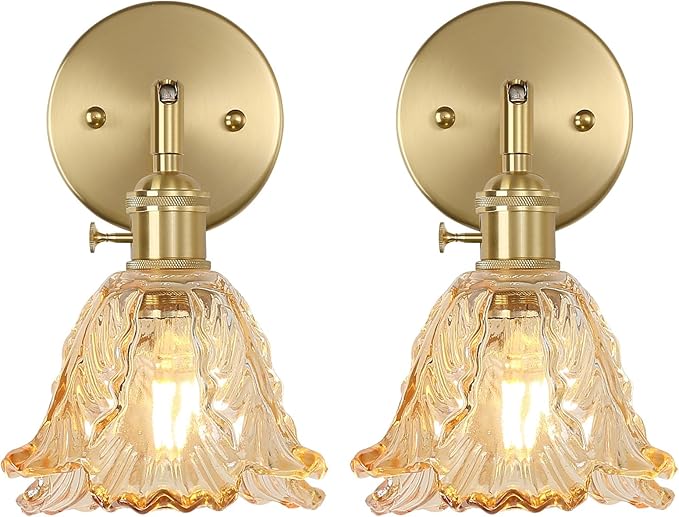 Vintage Wall Sconces Set of 2, Cabbage Amber Lampshade & 180 Degree Adjustable, Brass Wall Lights, for Bedroom Living Room Hallway Aisle, Bulbs Not Included, ETL Listed - Bloomnest