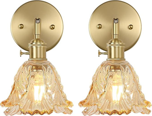 Vintage Wall Sconces Set of 2, Cabbage Amber Lampshade & 180 Degree Adjustable, Brass Wall Lights, for Bedroom Living Room Hallway Aisle, Bulbs Not Included, ETL Listed - Bloomnest