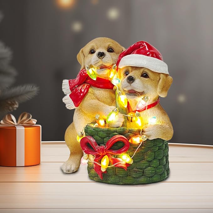 Dog on Box Sculpture -Handmade Resin Figurine, Festive Pet Lover Gift, Holiday Home Decor with Santa Hat - Bloomnest