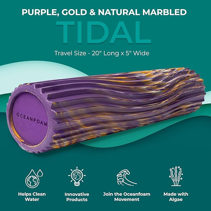 Oceanfoam Tidal Roller - Purple, Gold & Natural Marbled - Muscle Massage Foam Roller for Back Pain & Stretching - Firm & Ergonomic Wide Wave Textured - Yoga, Athletics, Wellness - Full Size, 20" x 5"