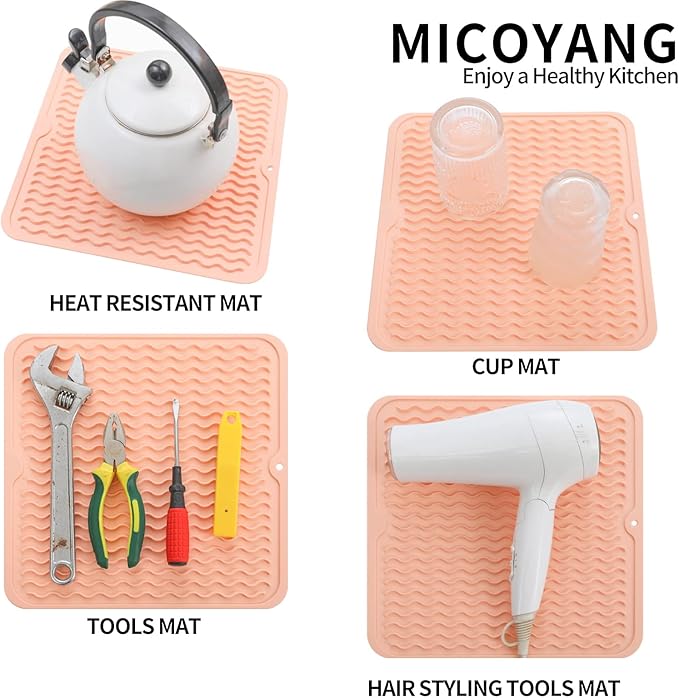 Silicone Dish Drying Mat for Multiple Usage,Easy clean,Eco-friendly,Heat-resistant Silicone Mat for Kitchen Counter or Sink,Refrigerator or Drawer liner Pink M 12 inches x 12 inches - Bloomnest