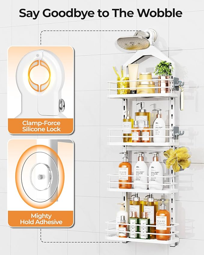 ODesign 4 Tier Height-Adjustable Shower Caddy Hanging Anti-Swing-Over The Shower Head Caddy-Storage Organizer Bathroom Shelves Basket-White - Bloomnest