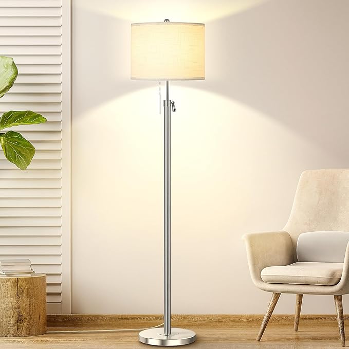 Brushed Nickel Floor Lamp for Living Room, Adjustable Height Standing Lamp with Metal Base, 3-Way Dimmable Tall Pole Light with White Linen Shade for Bedroom, Pull Chain Switch, 6W LED Bulb Included - Bloomnest