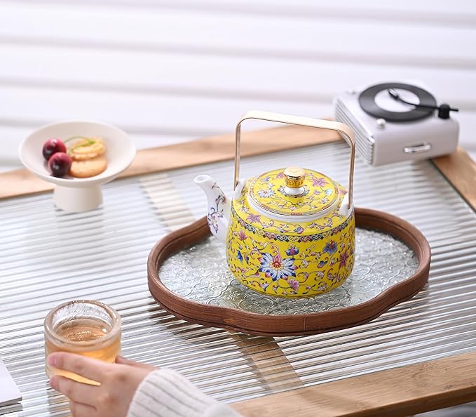 Antique Ceramic Teapot Coffee Pot with Infuser, 400ml (1-2 cups) Small Porcelain Tea Pots for Loose Leaf Tea, with Removable Stainless Steel Strainer and Lid for Gift (Yellow(Handle))