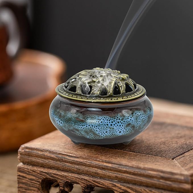 MrMrKura Ceramic Incense Burner with Lid, Incense Holder for Sticks Incense Cone Holder with Brass Incense Stick Holder for Yoga Meditation Home Decor (Fambe Blue) - Bloomnest