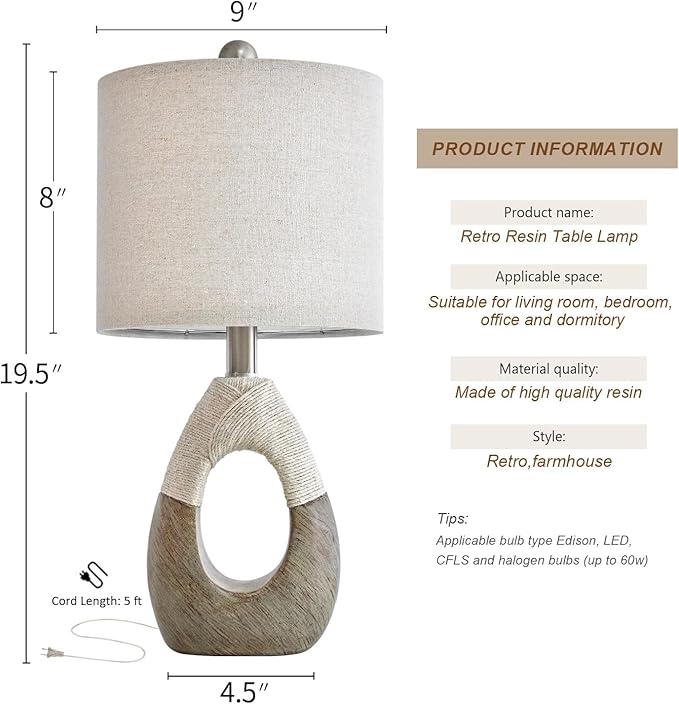 OYEARS 19” Boho Table Lamps Bedroom Living Room Set 2,Suitable for Small Space,Small Farmhouse RattanTable Lamp Rustic Egg Design Resin Light Decoration,Nightstand Bedside Lamps for Office Study Rest - Bloomnest