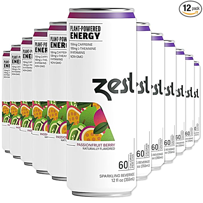 Zest Clean Energy Drink – Passionfruit Berry – 150mg Caffeine + 100mg L-Theanine – Natural Focus & Concentration Boost – Healthy Energy Drink 12oz Can 12 Pack – Low Sugar, No Artificial Sweeteners - Bloomnest