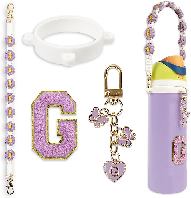 Compatible with Owala Water Bottle Accessories, Cute Letter Charm Set with Boho Handle Strap, Monogram Sticker, Silicone Ring, Keychain Decoration, for FreeSip 24 32 40oz, Owala Kids, Tumbler Gift SITKOL
