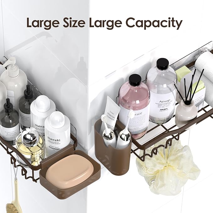 Shower Caddy Adhesive Shower Organizer 7-Pack, Rustproof Stainless Steel Bathroom Shelves, Large Capacity No-Drill Rack Storage Accessories with Soap Dish Toothbrush Holder Hooks - Bloomnest