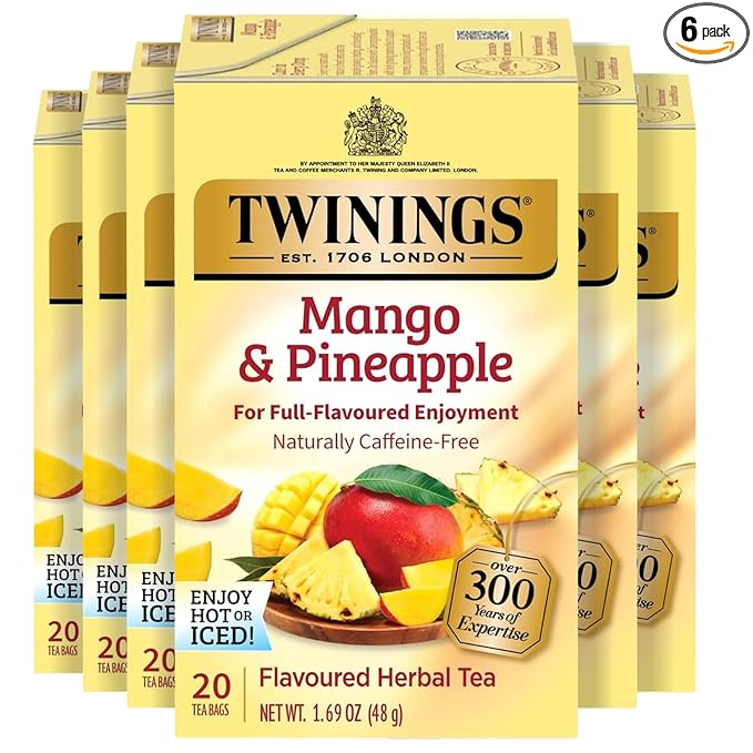 Twinings Mango & Pineapple Herbal Tea Individually Wrapped Bags, 20 Count (Pack of 6), Naturally Caffeine-Free, Enjoy Hot or Iced, 120 Teabags - Bloomnest