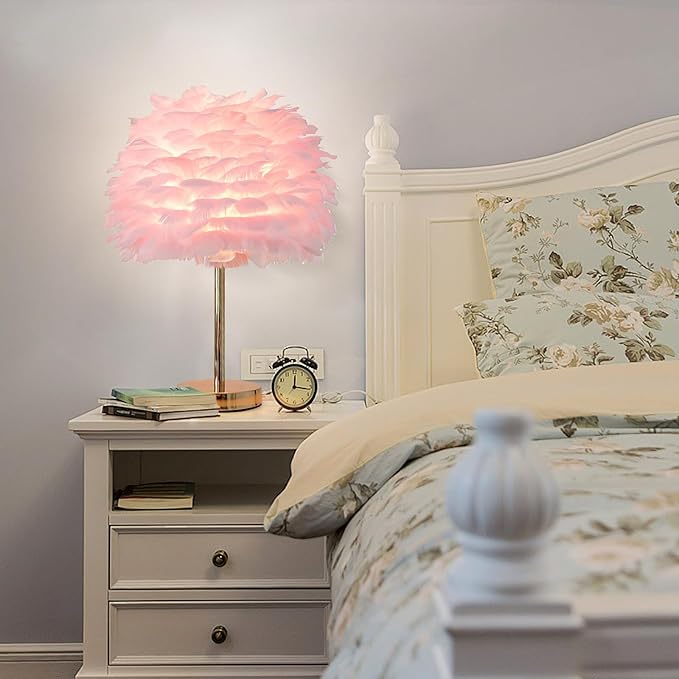 ZYLEIESENBAO Pink Feather Lamp Cute Romantic Goose Feather Table Lamp Furry Nightstand Light with Gold Base Bedside Lamp for Girl Bedroom Wedding Living Room Hotel Decorative - Bloomnest