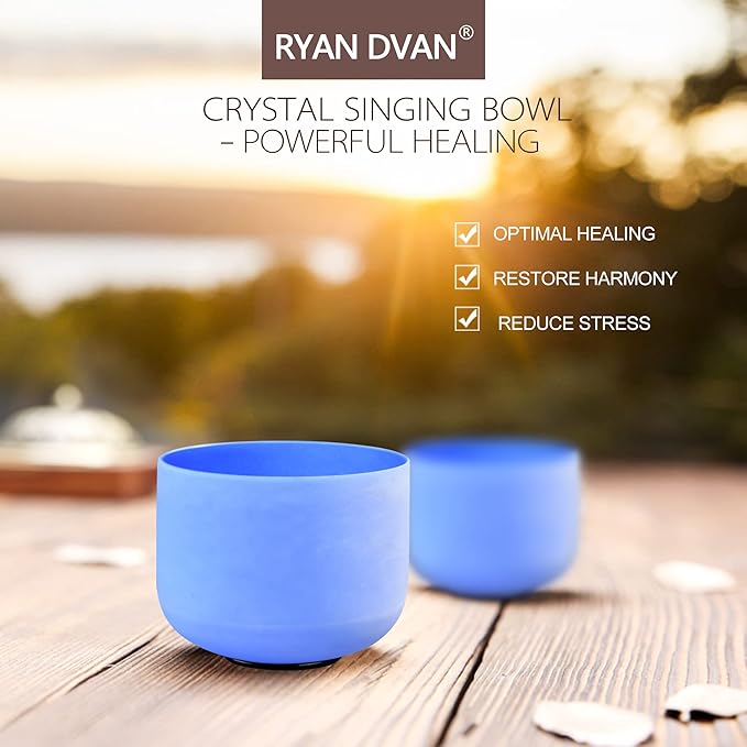 RYAN DVAN 8” G Note Blue Frosted Throat Chakra Crystal Singing Bowl with Free Heavy-Duty Carrying Case and Suede Striker O-Ring - Bloomnest