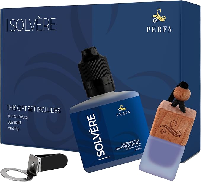 Solvère Gift Set with Refill Bottle | Automotive Air Fresheners with Solvère Fragrance | Strong Car Perfume | Odour Eliminating Car Air Fresheners by Perfa - Bloomnest
