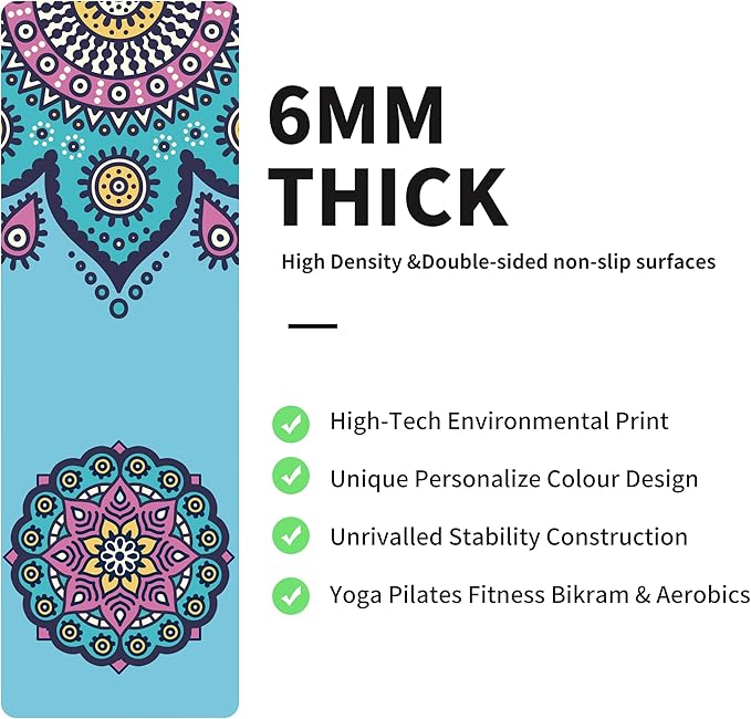 nuveti Yoga Mat Print Extra Thick TPE Non Slip Fitness Exercise Mat with Carrying Bag,72"x24" Extra Thick 6MM Exercise & Workout Mat for Yoga, Pilates Fitness and Floor Exercises - Bloomnest