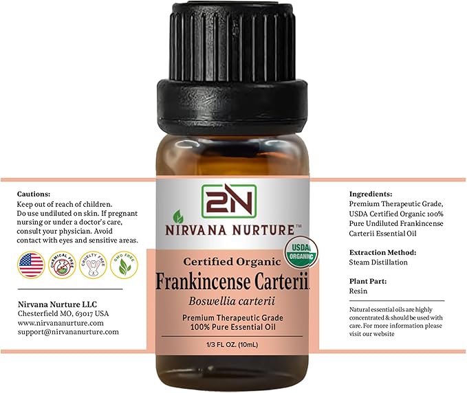 Frankincense Carterii Essential Oil, USDA Certified Organic, 100% Pure Undiluted, Aromatherapy Oil for Diffuser, Hair & Skin Care NirvanaNurture