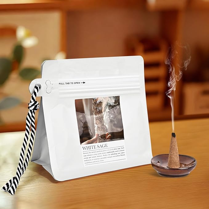 White Sage Incense Cones 30 Pcs Count with Holder - Smudging Incense for Positive Energy & Spiritual Cleansing Mosfantal