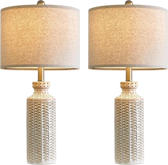 24.75'' Farmhouse Ceramic Table Lamp Set of 2 for Bedroom Living Room Vintage Traditional Rustic Modern White Nightstand Bedside Lamps - Bloomnest
