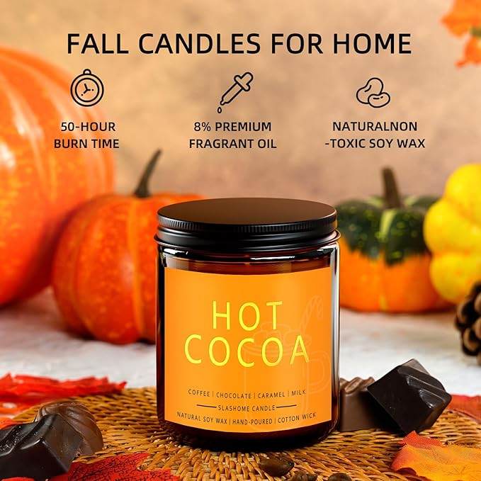 Fall Scented Candles Hot Cocoa 7oz – Rich Chocolate & Creamy Marshmallow Soy Wax Candle for Cozy Autumn Home Décor, Perfect Fall Gift for Chocolate Lovers, 50 Hour Long Burn - Bloomnest
