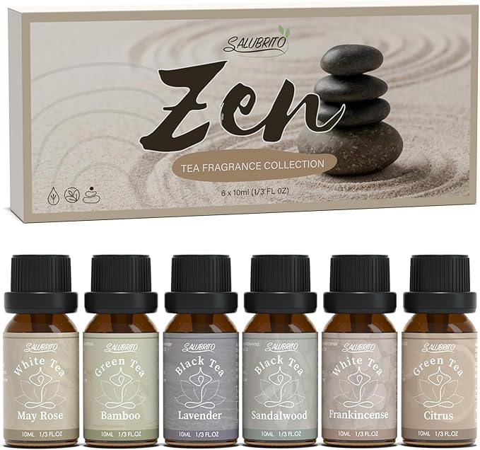 SALUBRITO Zen Fragrance Oil Set, Tea Essential Oil for Diffuser, Candle, Soap Making, White Tea, Black Tea, Green Tea Blended with Rose, Bamboo, Lavender, Sandalwood, Frankincense, Citrus Scented Oil - Bloomnest