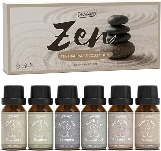 SALUBRITO Zen Fragrance Oil Set, Tea Essential Oil for Diffuser, Candle, Soap Making, White Tea, Black Tea, Green Tea Blended with Rose, Bamboo, Lavender, Sandalwood, Frankincense, Citrus Scented Oil - Bloomnest