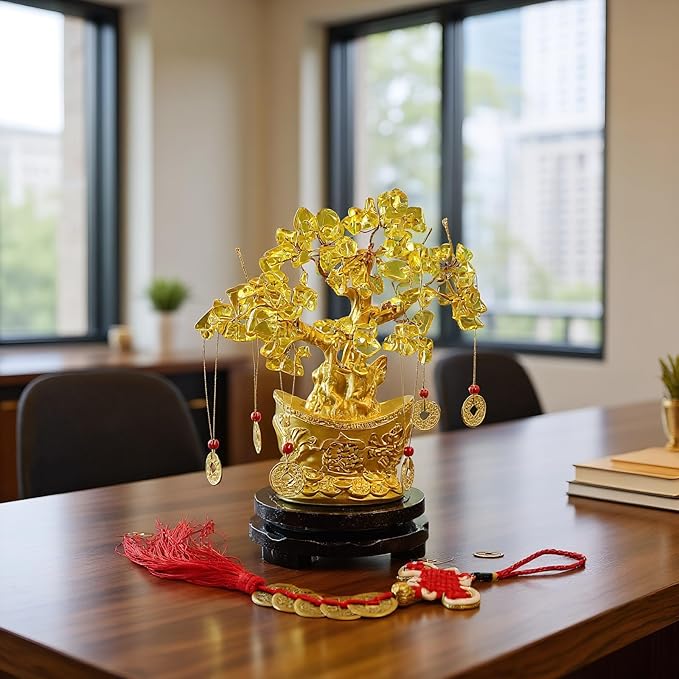 9 Piece Citrine Money Tree, 7" Small Yellow Crystal Bonsai with Yuanbao Pot & Coins, Chinese Style Lucky Money Plant Decor with Red Tassels & Wood Base for Wealth, Prosperity, Home Office Desk - Bloomnest