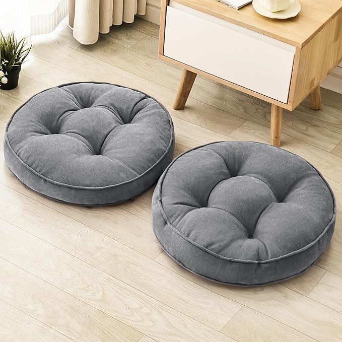 Floor Pillow Set of 2, Memory Foam Floor Cushions for Adults, Large Round Meditation Pillow for Sitting, 22 x 22 Inches (Round | Grey)