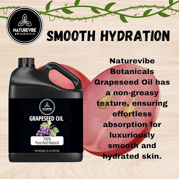 Naturevibe Botanicals Grapeseed Oil 32oz | 100% Pure Cold-Pressed & Lightweight Carrier Oil | Non-Greasy Natural Moisturizer for Skin, Hair, Face, Nails & Massage | Hexane-Free, Fresh & Versatile - Bloomnest