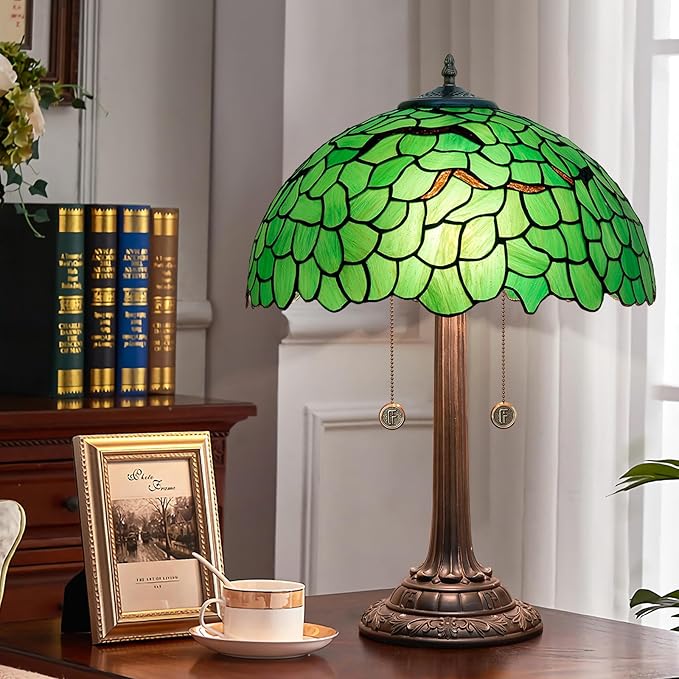 Tiffany Lamp Stained Glass lamp 16 inches Bedside Table Lamps for Living Room Bedroom Dorm Kitchen Home Decor Festival Birthday Gift,Green Leaf - Bloomnest