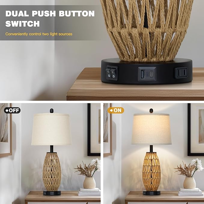 27" Rattan Table Lamps Set of 2, Boho Bedside Lamp for Bedroom with Night Light, Coastal Woven Wicker Nightstand Lamps with USB A+C Charging Port & AC Outlet, Tall Farmhouse Living Room Lamp - Bloomnest