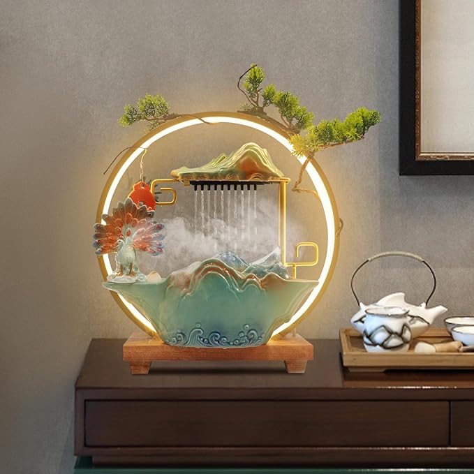 Tabletop Water Fountains, Indoor Water Fall with LED Light Zen Decor for Meditation with Mist, Japanese Decor with Fake Plants Feng Shui Decor for Good Luck Wealth - Bloomnest